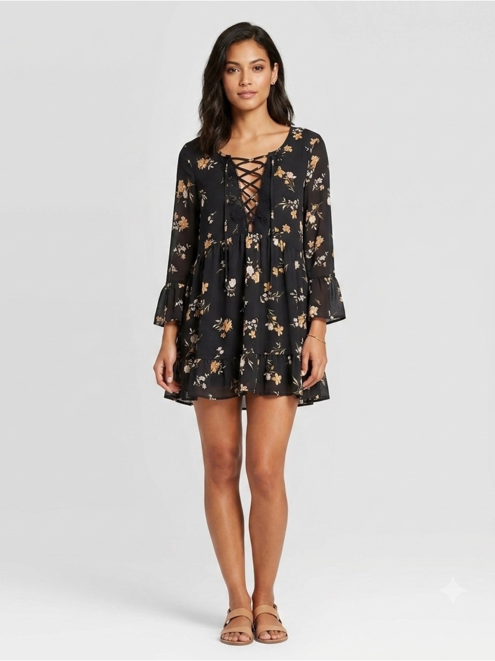 Altar’d State Black Floral Laced up Tunic Flared Sleeve Dress. Size Medium